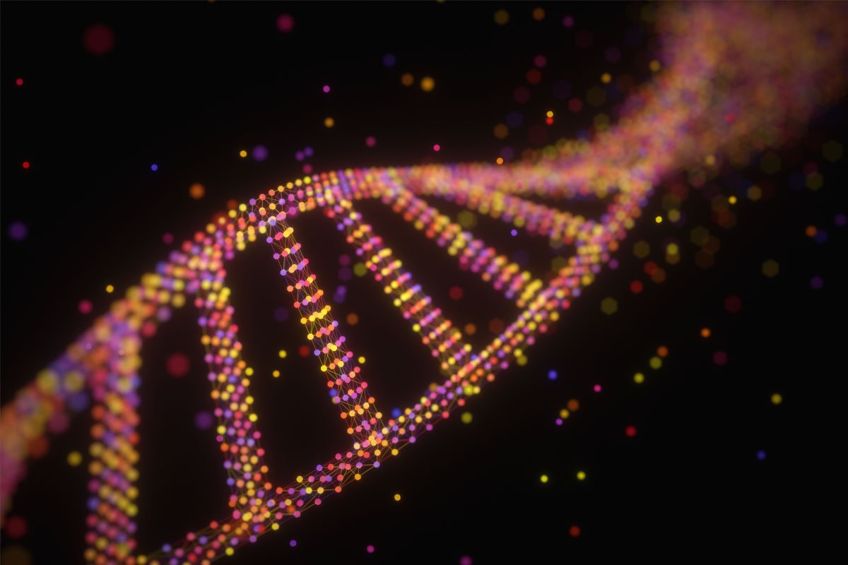 Abstract representation of a DNA strand, rendered in glowing multicolored nodes and lines against a dark background. | Forensic Discovery
