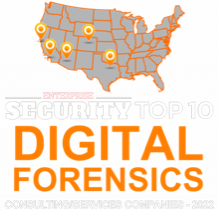 Security Top 10 Digital Forensics Consulting Services Companies - 2022 award graphic showing a map of the US with location pins. | Forensic Discovery