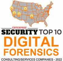 Map of the US with orange markers indicating locations, overlaid with "Security Top 10 Digital Forensics Consulting Services Companies - 2022" text. | Forensic Discovery
