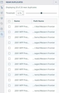 Table showing twenty near duplicate files, named "2001 WFP Pres...", located in various subfolders within "Western Frontier". A threshold of 0.75 is set. | Forensic Discovery