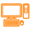 Orange icon of a desktop computer and tower.