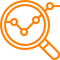 Orange magnifying glass icon with data points inside.