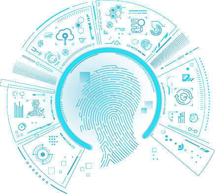 Abstract graphic of a fingerprint within a circular technological design.