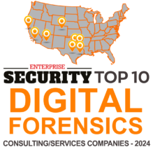 Map of the US with orange markers indicating locations, overlaid with "Security Top 10 Digital Forensics Consulting Services Companies - 2024" text. | Forensic Discovery