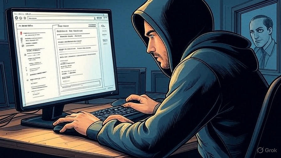 Illustration of a person in a hoodie sitting at a computer, appearing to be hacking.