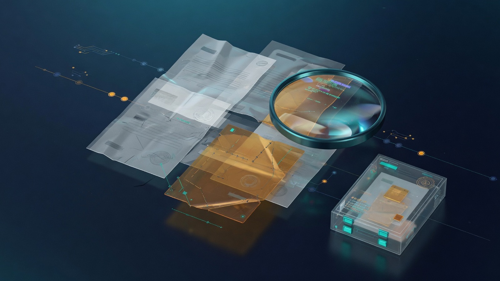 Premium digital forensics illustration showing layered legal document fragments, metadata traces, and magnified evidence review for recovering altered or deleted will documents