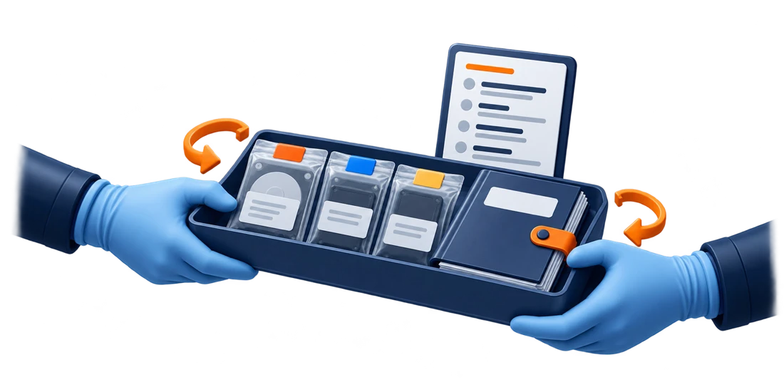 Conceptual illustration of a collection inventory and documented custody handoff.