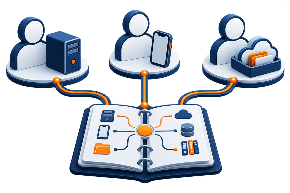 Conceptual illustration of custodian profiles and data sources connected to a source map.